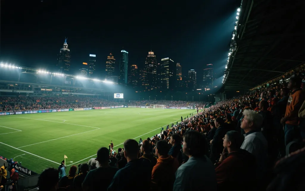 夜晚球场与观众席氛围，突出观赛体验与城市夜景